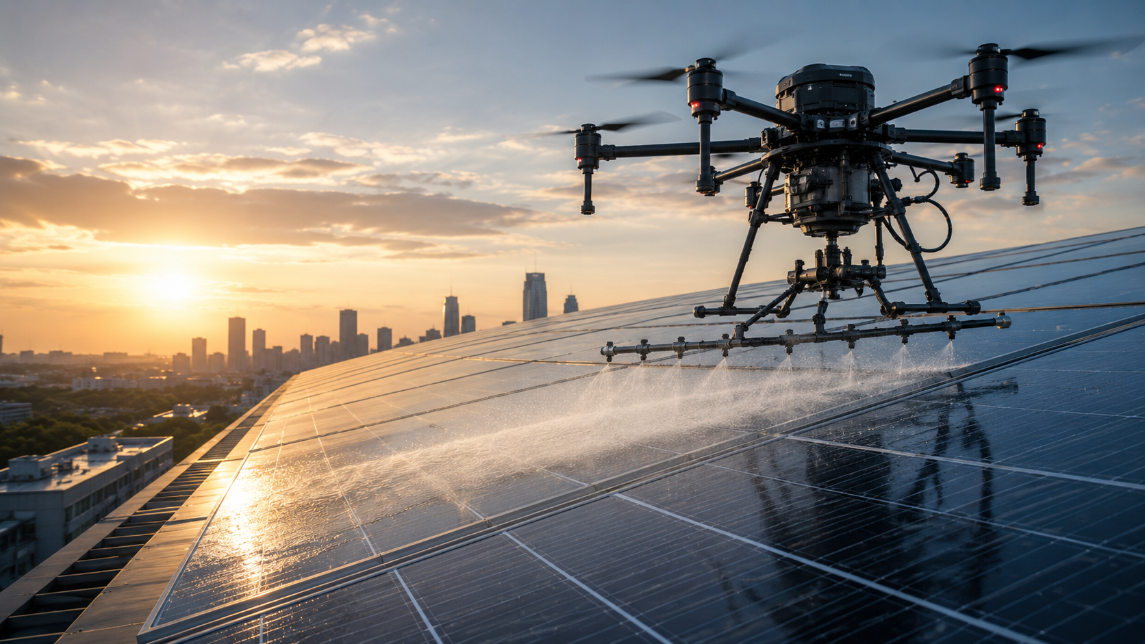 Dron sobrevolando una planta de paneles solares