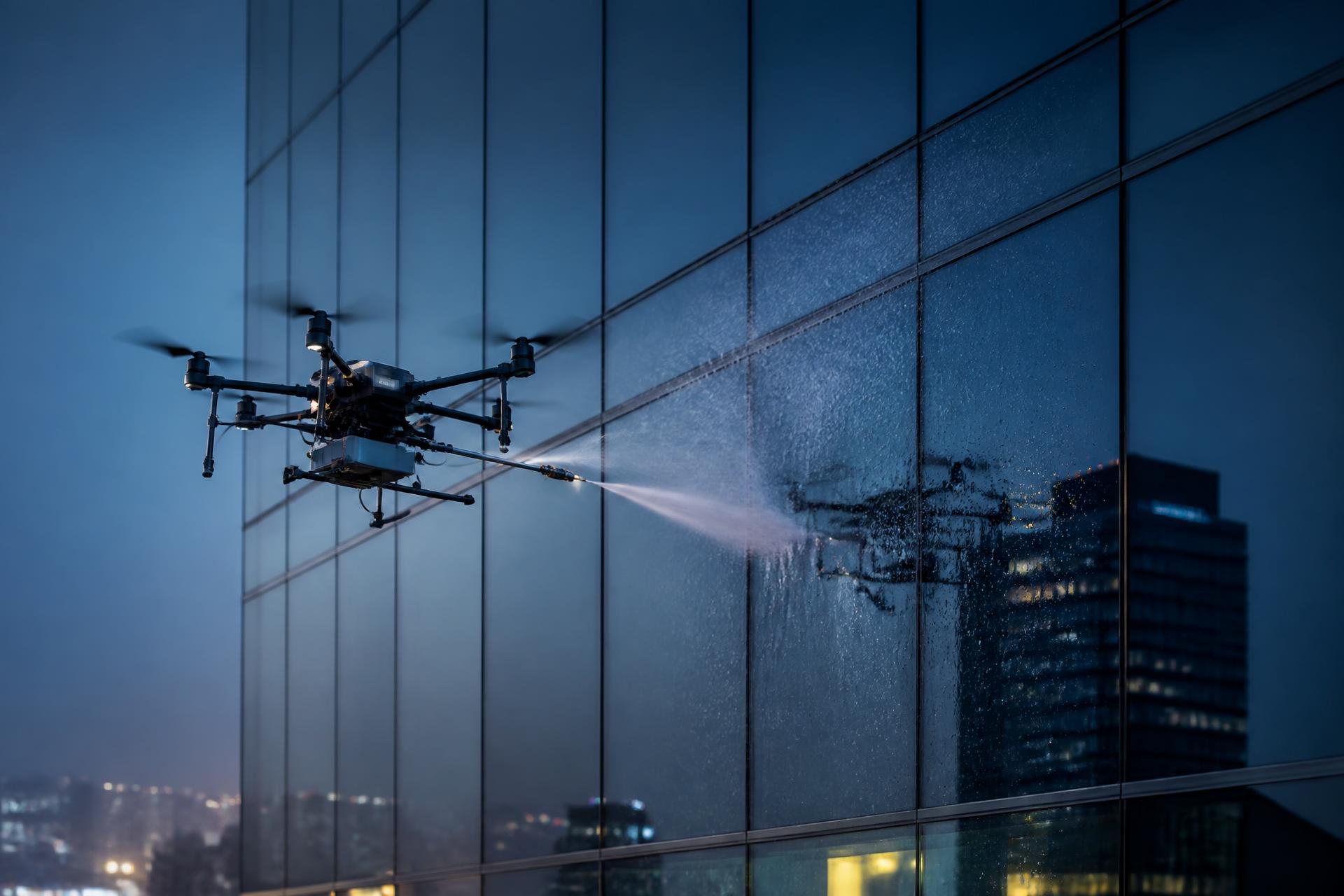 Dron industrial Aerion limpiando la fachada de cristal de un rascacielos
