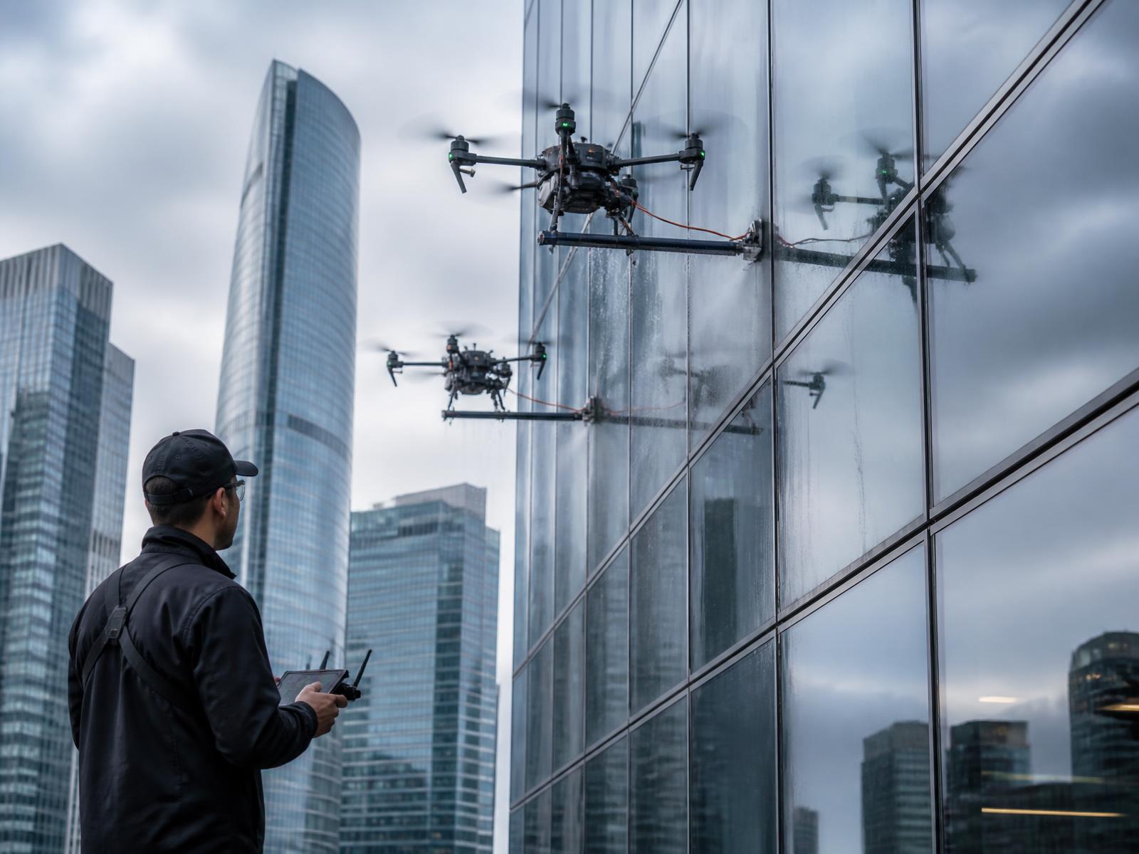Dos drones de limpieza volando en formación frente a una fachada de oficinas con operador en tierra